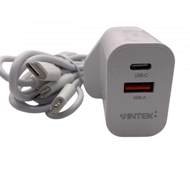 INTEK 65W Travel Fast Charger with cable 3-PORT 2X Type-C X USB